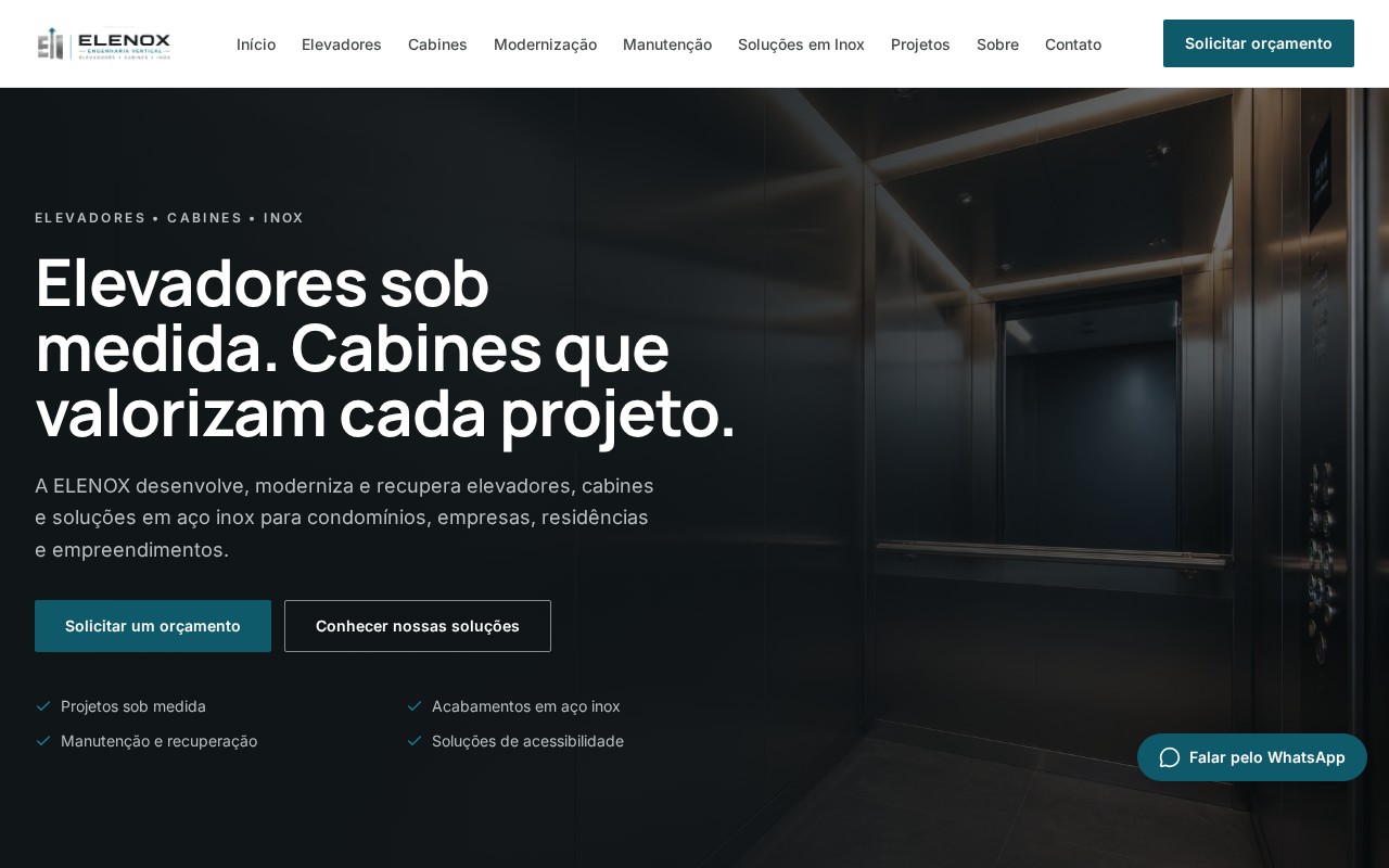 ELENOX — Engenharia Vertical — Elevadores sob medida, cabines e solucoes em aco inox.