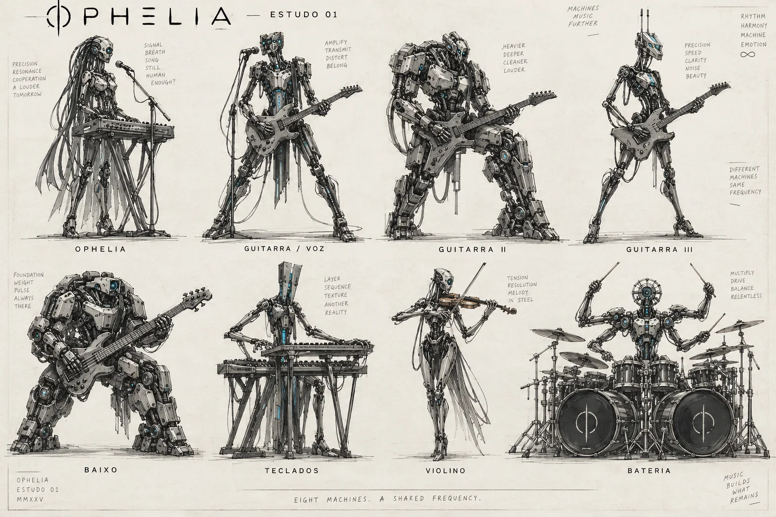 O gesto antes da matéria: Estudos de silhuetas, posturas e instrumentos na construção do conjunto.